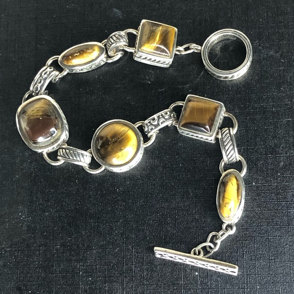 BARSE Sterling Silver Tigers Eye and Cats Eye Cabochon Toggle Bracelet - Picture 5 of 17